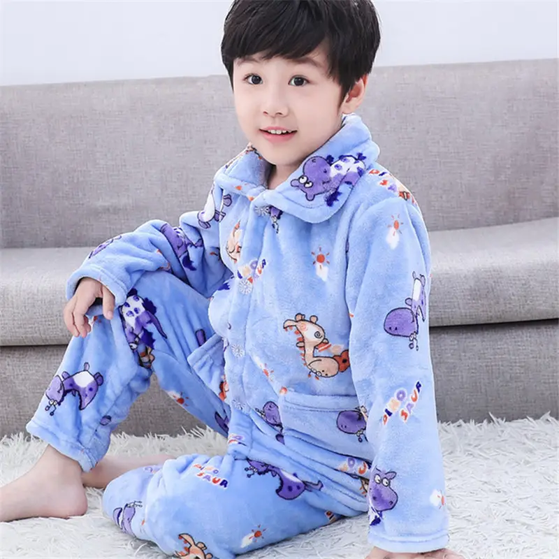 Children's Autumn and Winter Flannel Pajamas for Boys and Girls Spring Fleece-lined Thickened Baby's Coral Fleece Suit Home Clothes