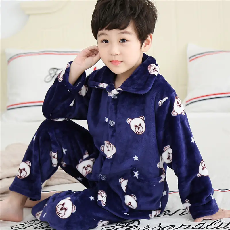 Children's Autumn and Winter Flannel Pajamas for Boys and Girls Spring Fleece-lined Thickened Baby's Coral Fleece Suit Home Clothes