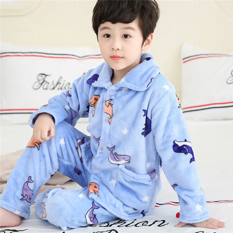 Children's Autumn and Winter Flannel Pajamas for Boys and Girls Spring Fleece-lined Thickened Baby's Coral Fleece Suit Home Clothes