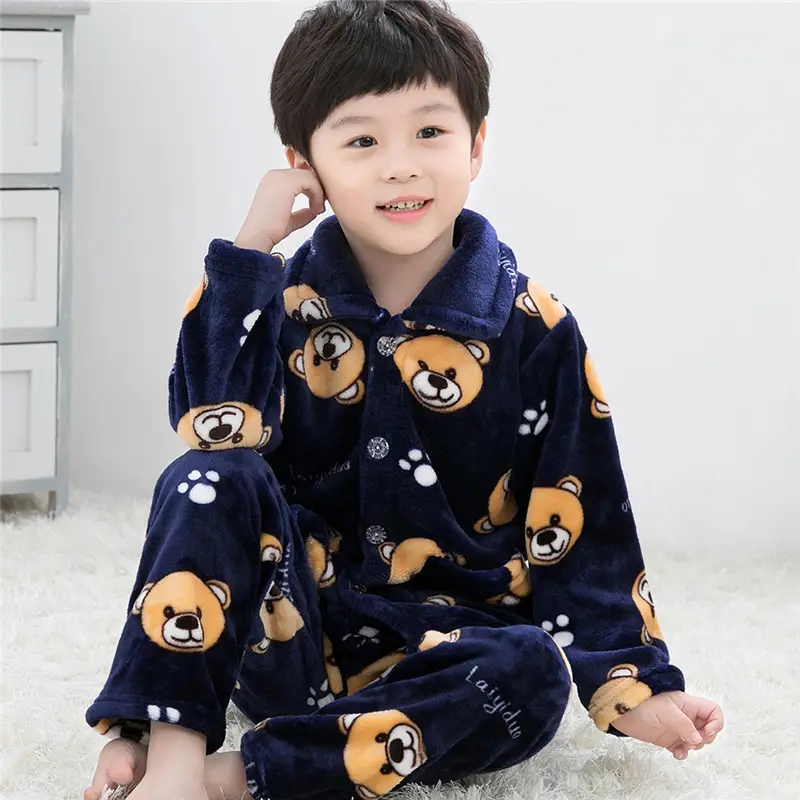 Children's Autumn and Winter Flannel Pajamas for Boys and Girls Spring Fleece-lined Thickened Baby's Coral Fleece Suit Home Clothes