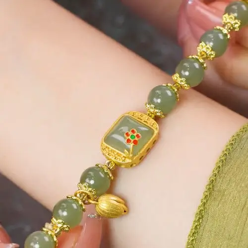 Green Gemstone Bracelet for Women with Gold Plated Design