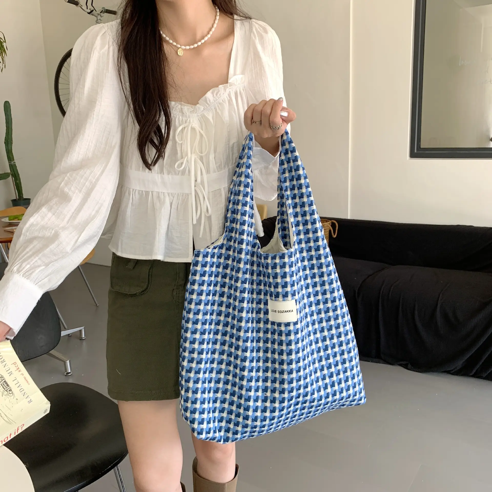 28161 Korean Style Blue Checkered Vest Bag for Students - Image 3