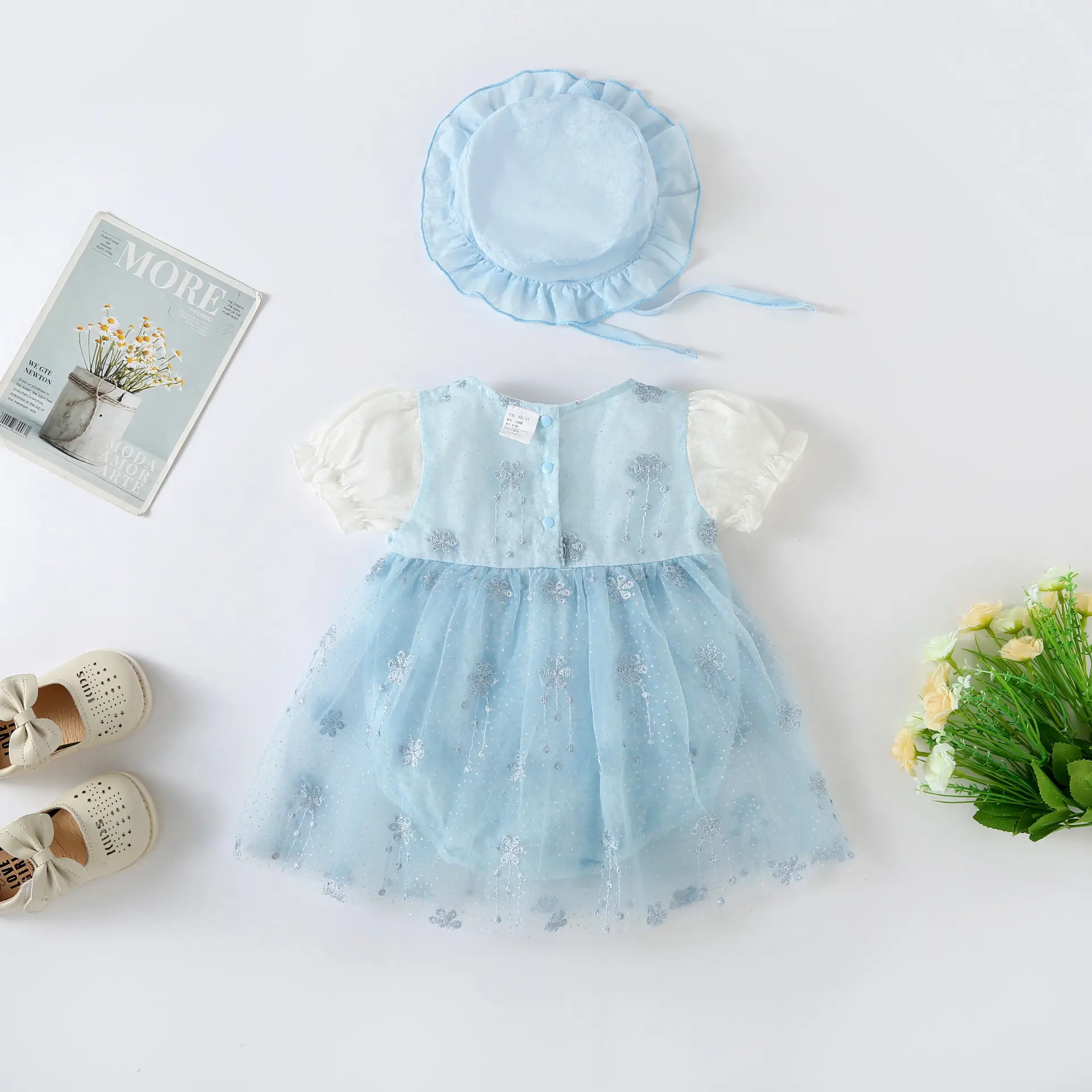 Baby Blue Tulle Dress with Bow for Girls 100 Days Old - Image 3