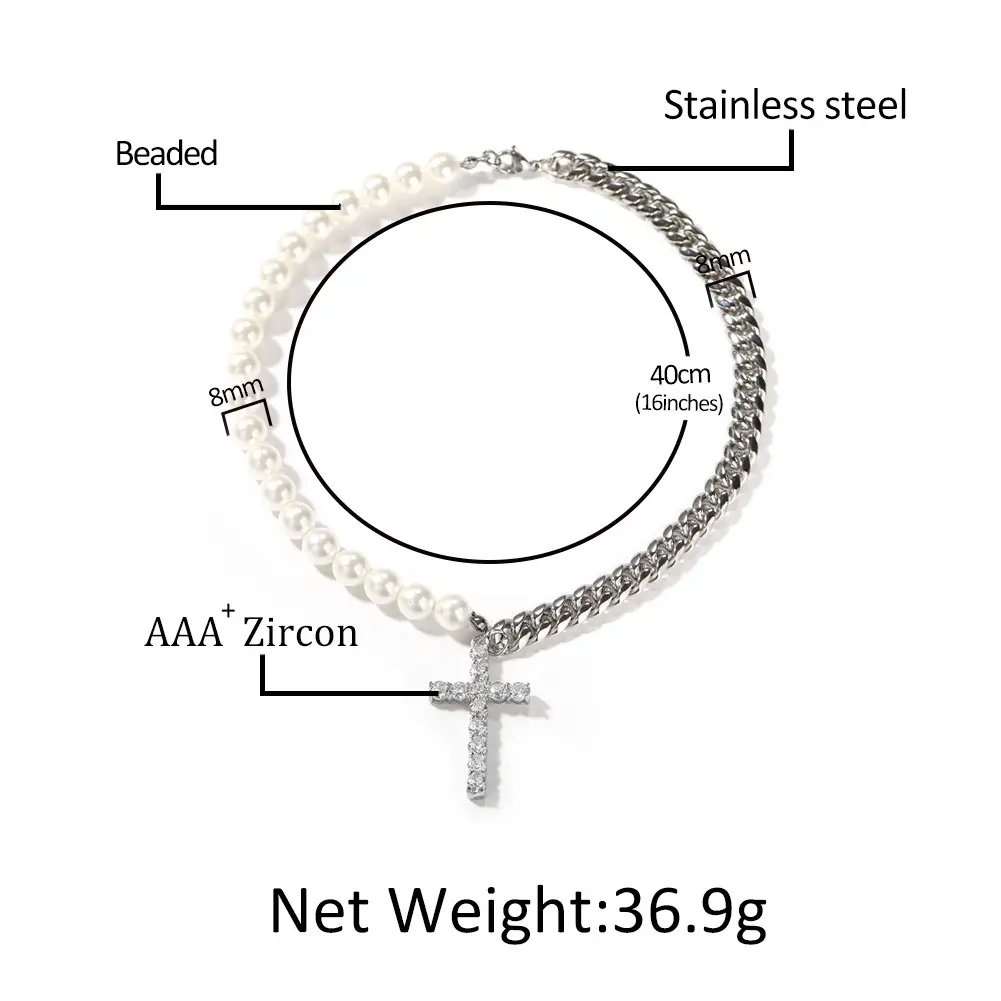 Stainless Steel Cuban Chain Necklace with Pearl Merge Cross Pendant - Image 3