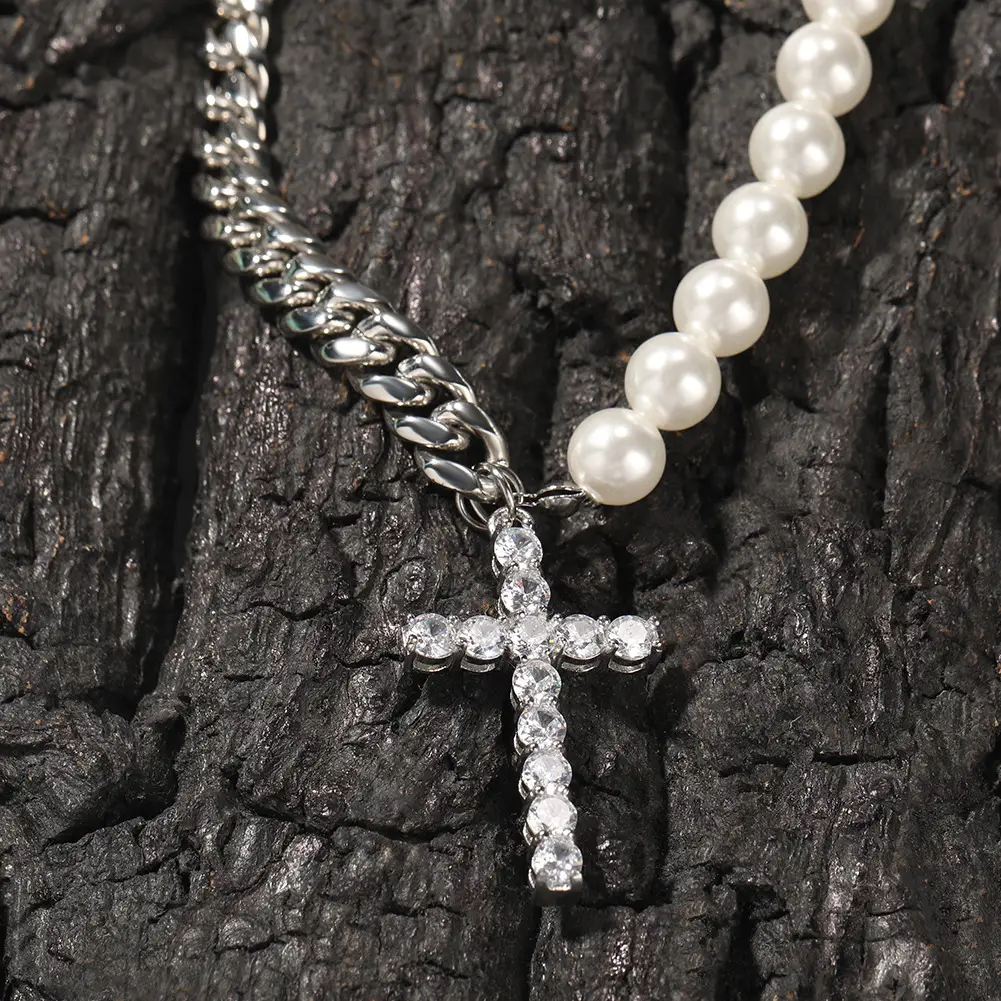 Stainless Steel Cuban Chain Necklace with Pearl Merge Cross Pendant - Image 4