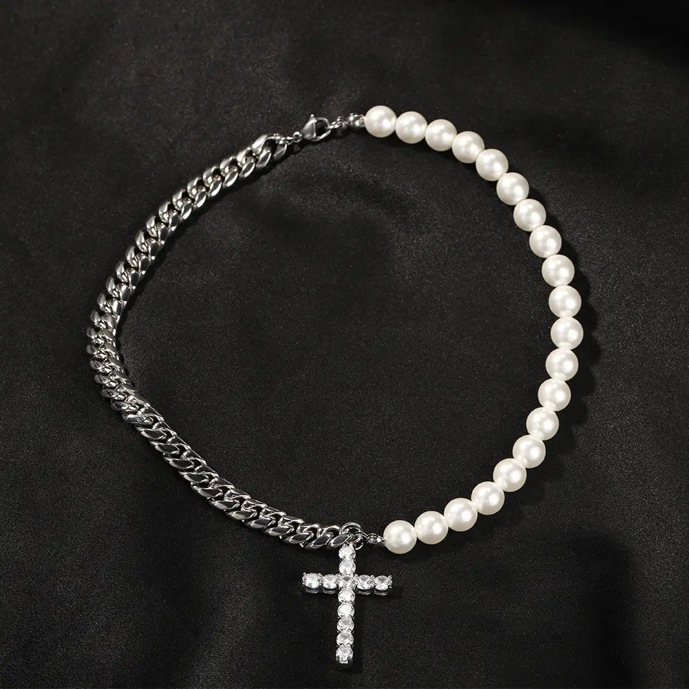 Stainless Steel Cuban Chain Necklace with Pearl Merge Cross Pendant - Image 5