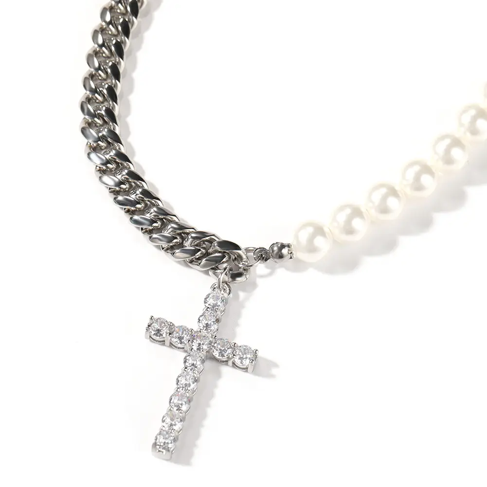 Stainless Steel Cuban Chain Necklace with Pearl Merge Cross Pendant - Image 6