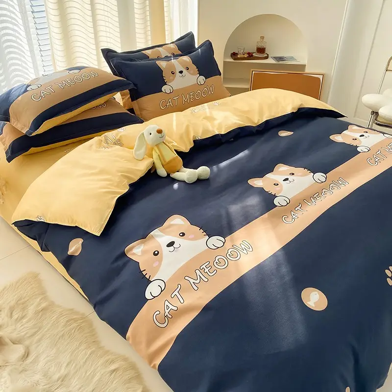 Fresh Student Cotton Bed Sheet Set Blue Yellow Quilted 4Pc - Image 26