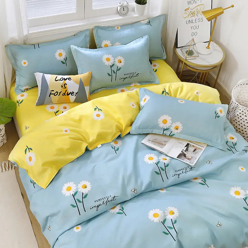 Fresh Student Cotton Bed Sheet Set Blue Yellow Quilted 4Pc - Image 11