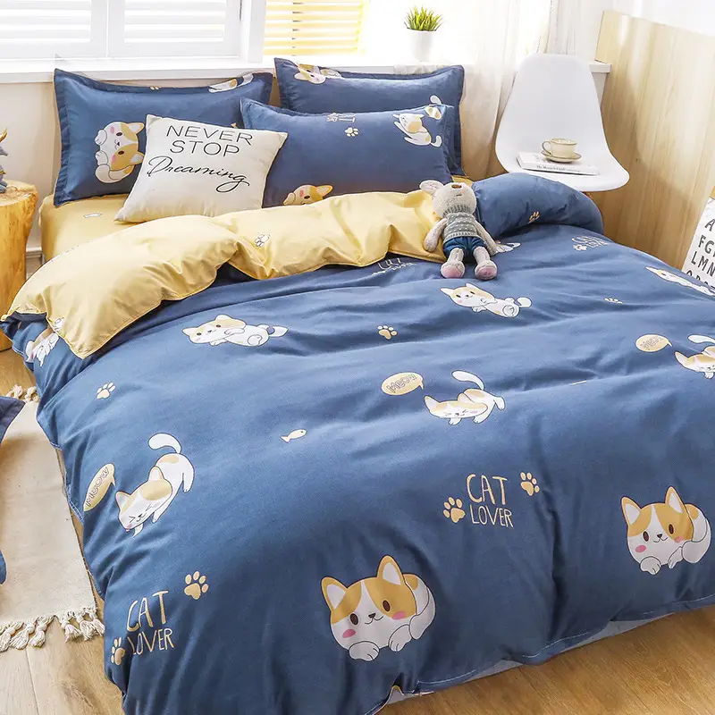 Fresh Student Cotton Bed Sheet Set Blue Yellow Quilted 4Pc - Image 15