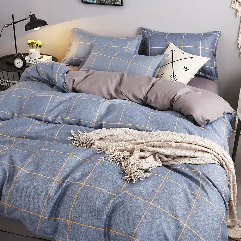 Fresh Student Cotton Bed Sheet Set Blue Yellow Quilted 4Pc - Image 17