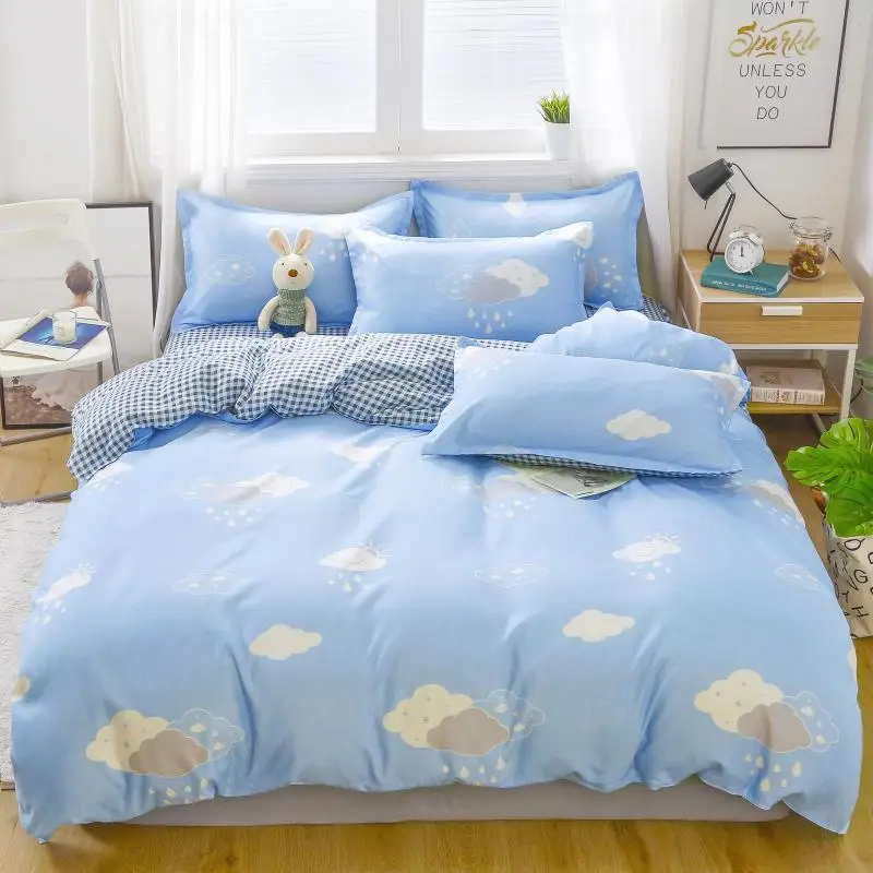 Fresh Student Cotton Bed Sheet Set Blue Yellow Quilted 4Pc - Image 18