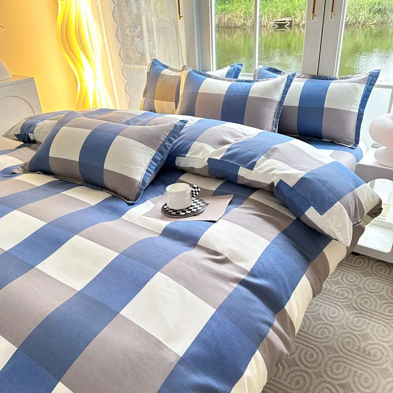 Fresh Student Cotton Bed Sheet Set Blue Yellow Quilted 4Pc - Image 5