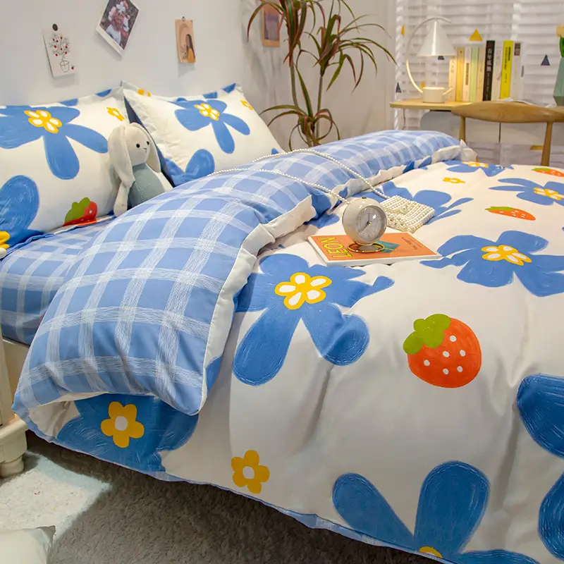 Fresh Student Cotton Bed Sheet Set Blue Yellow Quilted 4Pc - Image 6