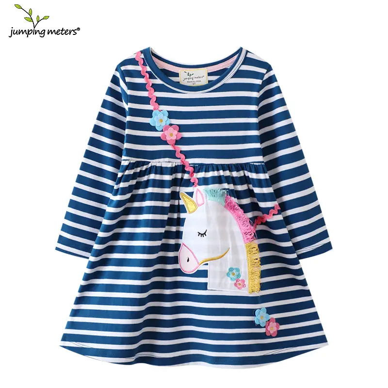 Girls Unicorn Lace Dress Blue Striped Spring Sleeve - Image 3