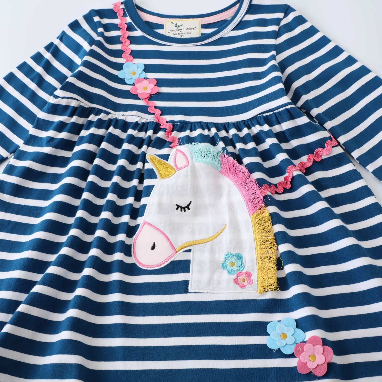 Girls Unicorn Lace Dress Blue Striped Spring Sleeve - Image 5