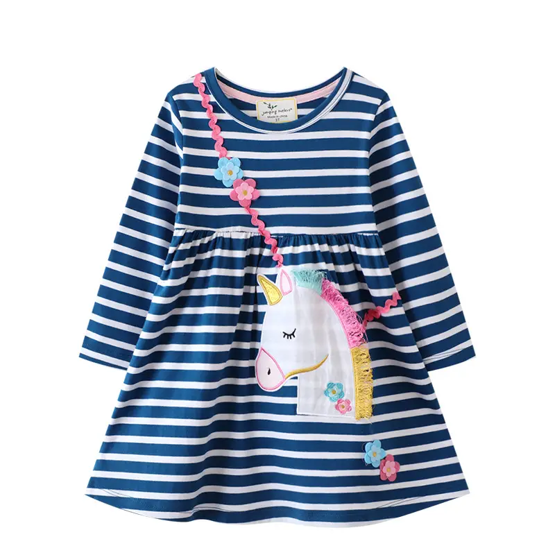 Girls Unicorn Lace Dress Blue Striped Spring Sleeve - Image 6