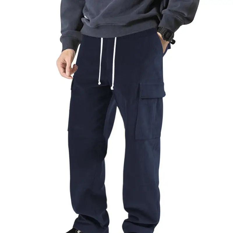 Men's Black Solid Corduroy Straight Pants with Multi-Pockets - Image 7