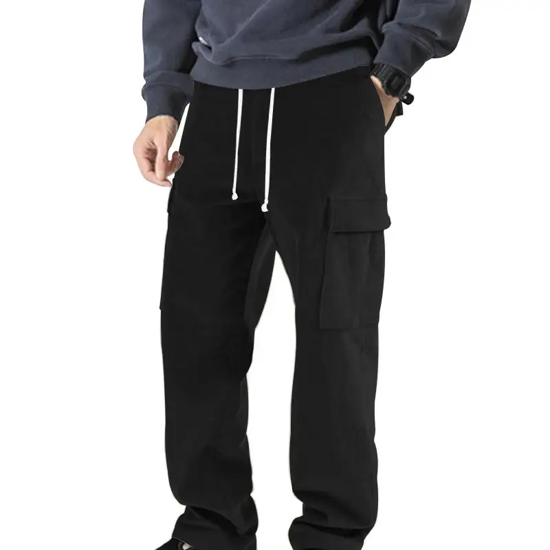 Men's Black Solid Corduroy Straight Pants with Multi-Pockets - Image 8