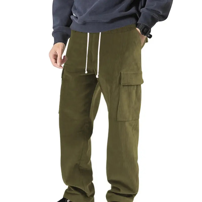 Men's Black Solid Corduroy Straight Pants with Multi-Pockets - Image 10