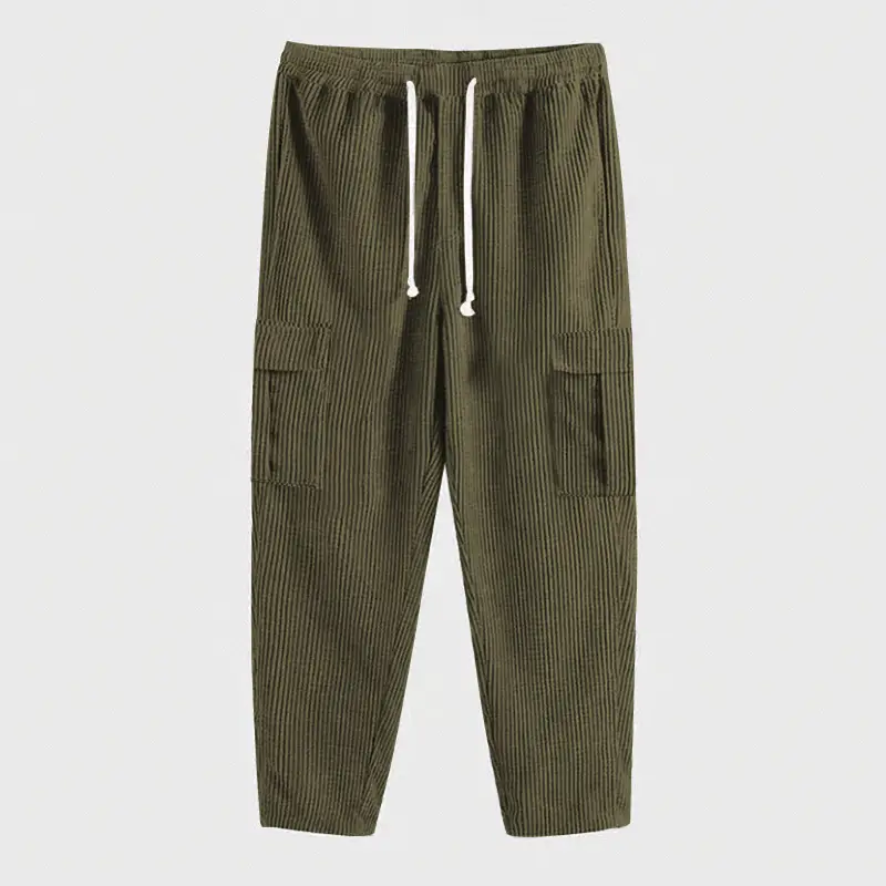 Men's Black Solid Corduroy Straight Pants with Multi-Pockets - Image 3