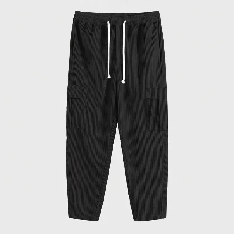Men's Black Solid Corduroy Straight Pants with Multi-Pockets - Image 4