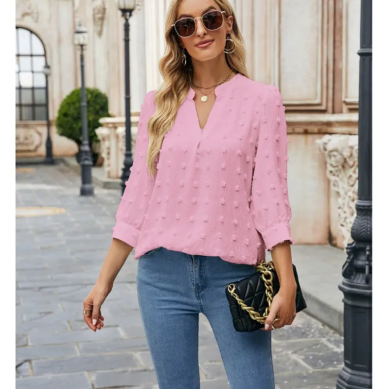 2023 Women's Pink Chiffon 3Q Sleeve Top with Embroidery - Image 3