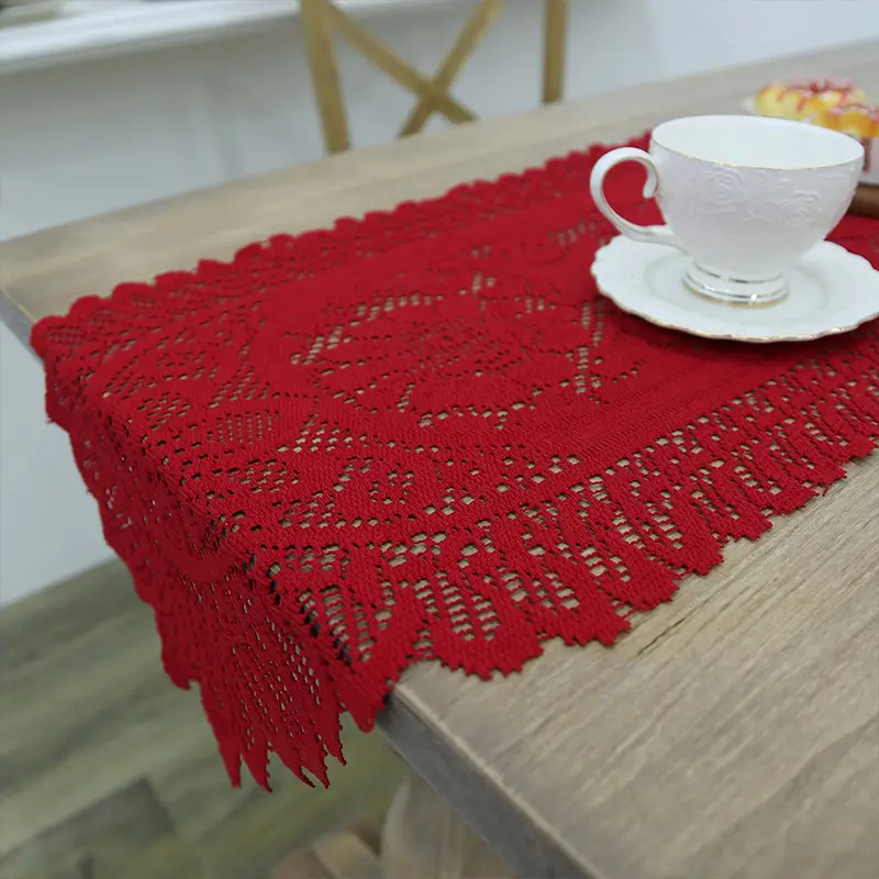 Red Cross-Country Lace Table Towel Long Mat Coffee Cover - Image 4