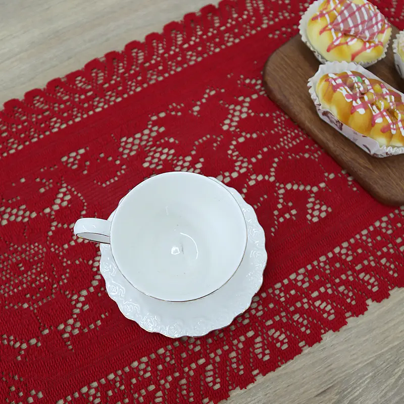 Red Cross-Country Lace Table Towel Long Mat Coffee Cover - Image 5