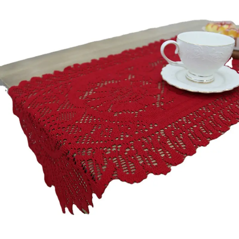 Red Cross-Country Lace Table Towel Long Mat Coffee Cover - Image 7