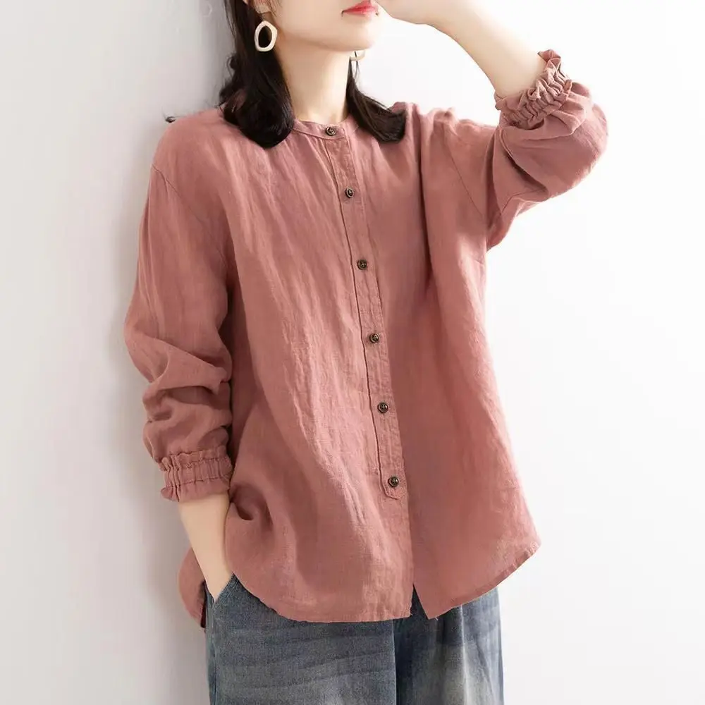 Women's Loose Cotton Linen Shirt Rose Brown