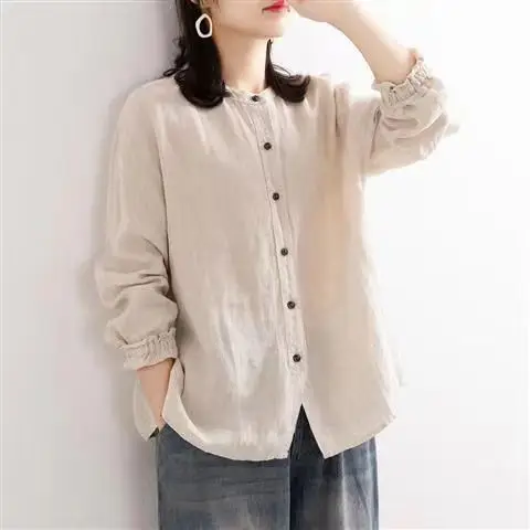 Women's Loose Cotton Linen Shirt Rose Brown