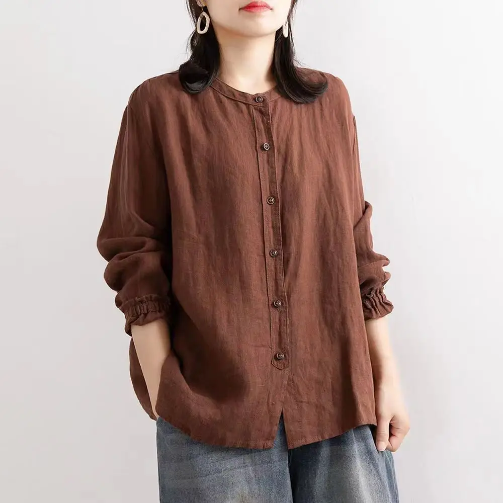 Women's Loose Cotton Linen Shirt Rose Brown