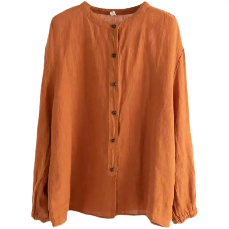 Women's Loose Cotton Linen Shirt Rose Brown