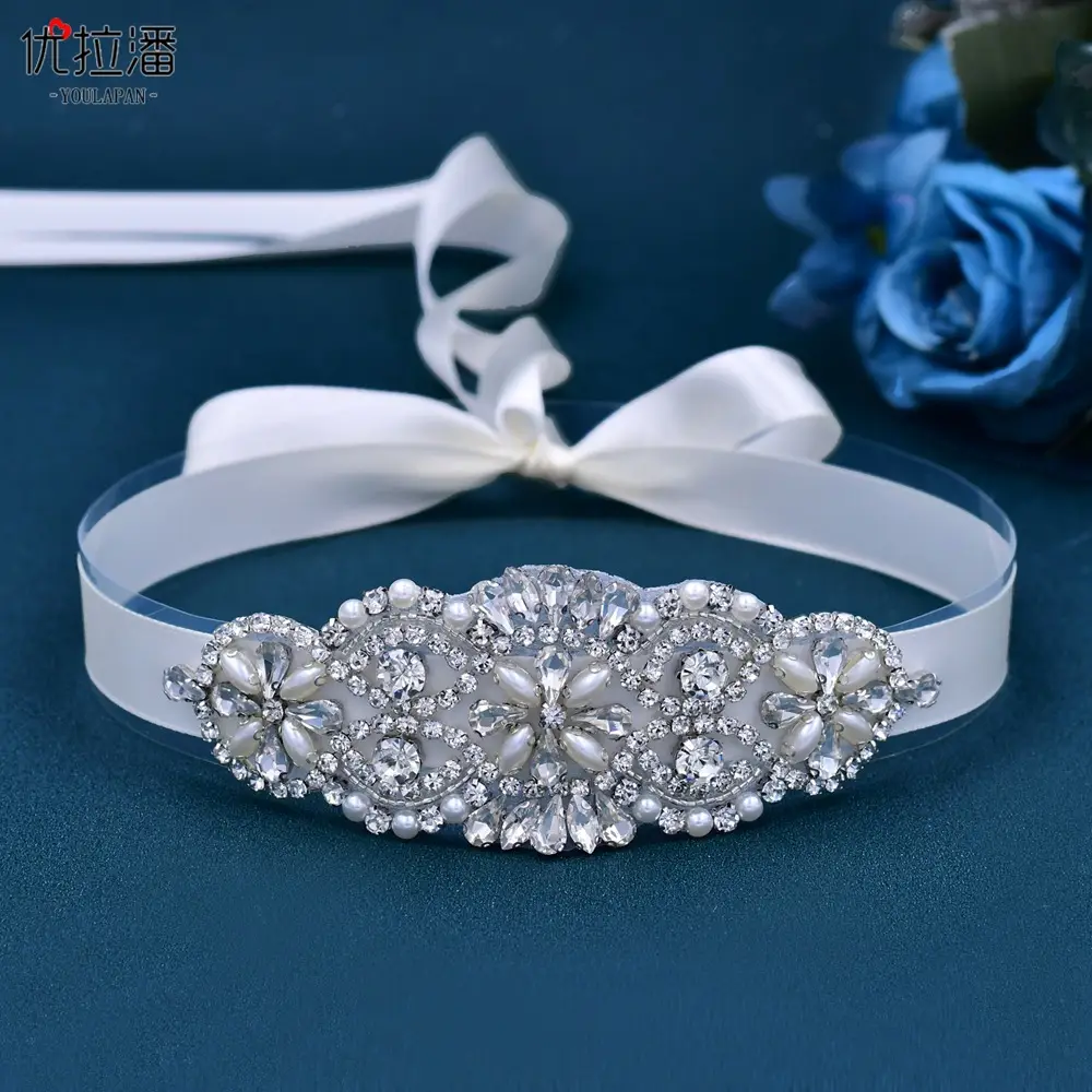 White Bridal Belt with Rhinestone Girdle for Women - Image 25
