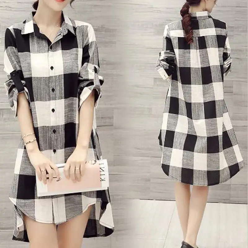 Women Plaid Shirt Cotton Linen Loose Mid Length Sun Protection - Image 5