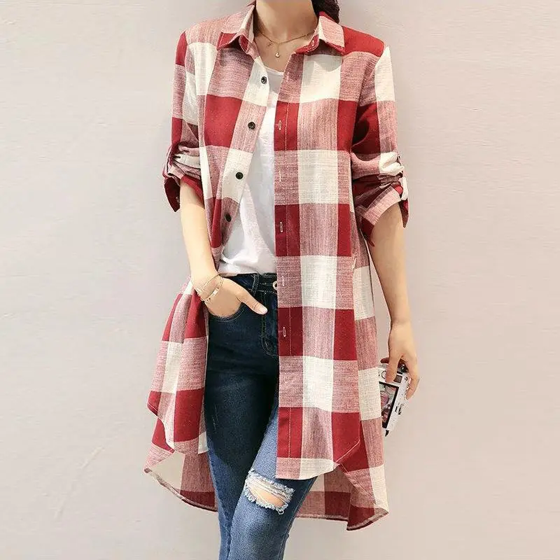 Women Plaid Shirt Cotton Linen Loose Mid Length Sun Protection - Image 6