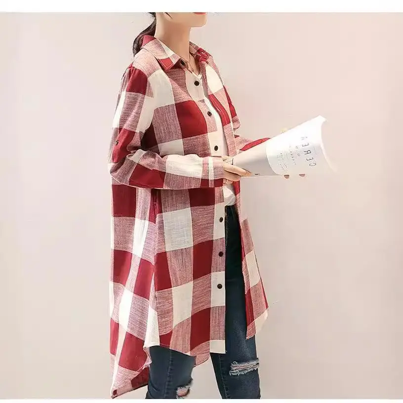Women Plaid Shirt Cotton Linen Loose Mid Length Sun Protection - Image 7