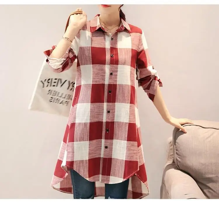 Women Plaid Shirt Cotton Linen Loose Mid Length Sun Protection — feature 5