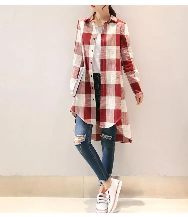 Women Plaid Shirt Cotton Linen Loose Mid Length Sun Protection — feature 6