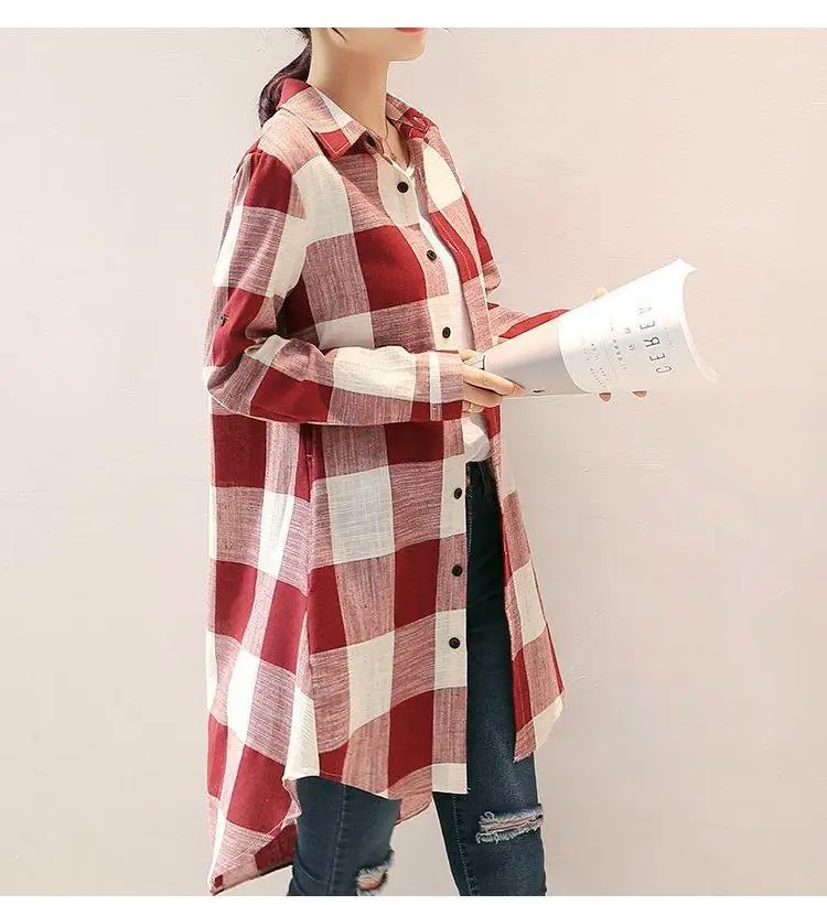 Women Plaid Shirt Cotton Linen Loose Mid Length Sun Protection — feature 7