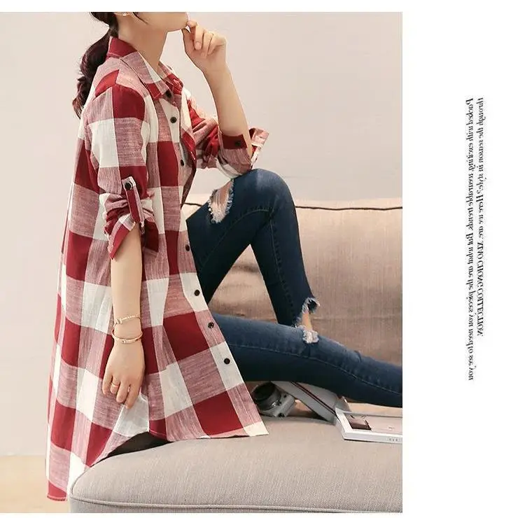 Women Plaid Shirt Cotton Linen Loose Mid Length Sun Protection — feature 8
