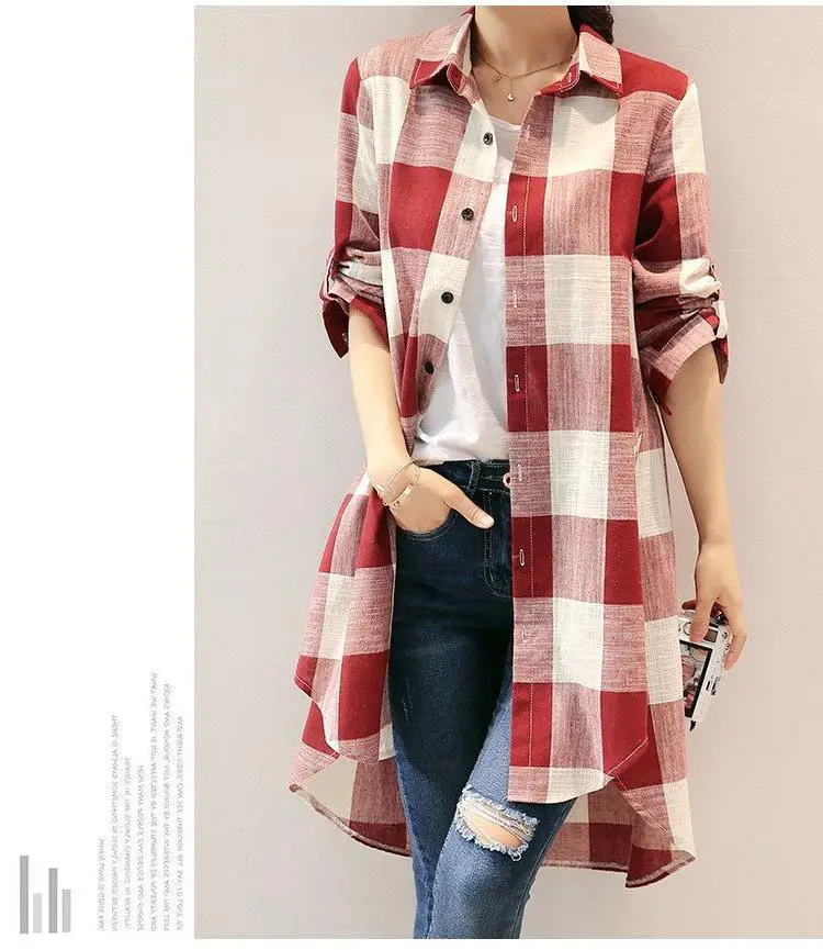 Women Plaid Shirt Cotton Linen Loose Mid Length Sun Protection — feature 9