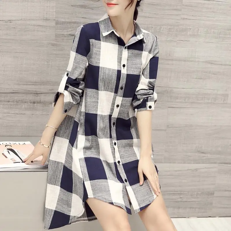 Women Plaid Shirt Cotton Linen Loose Mid Length Sun Protection - Image 2