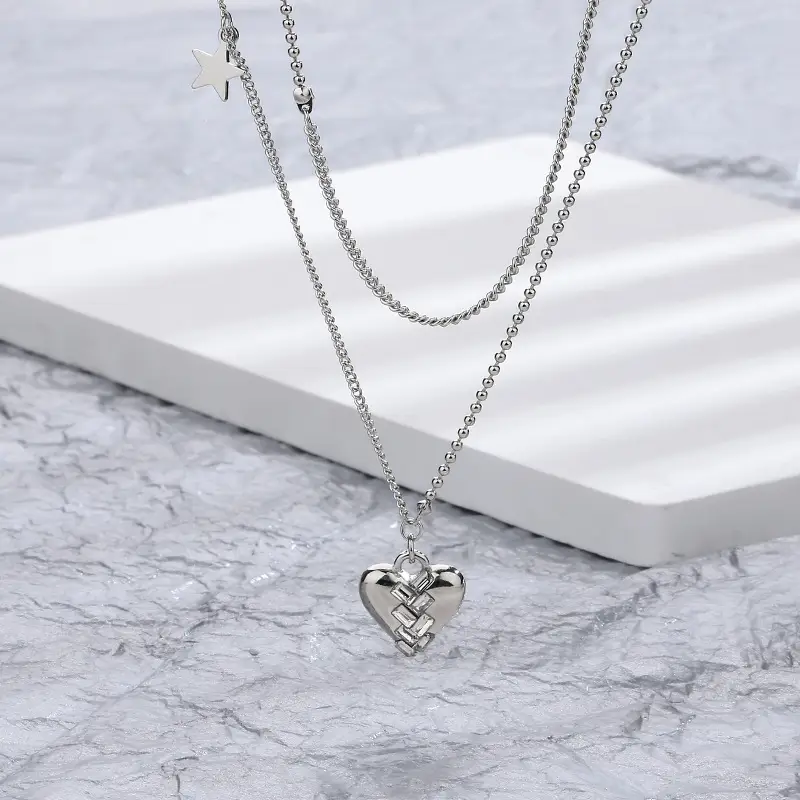 Double Layer Heart Necklace Silver 2025 Trendy - Image 3