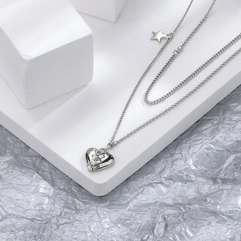 Double Layer Heart Necklace Silver 2025 Trendy - Image 4