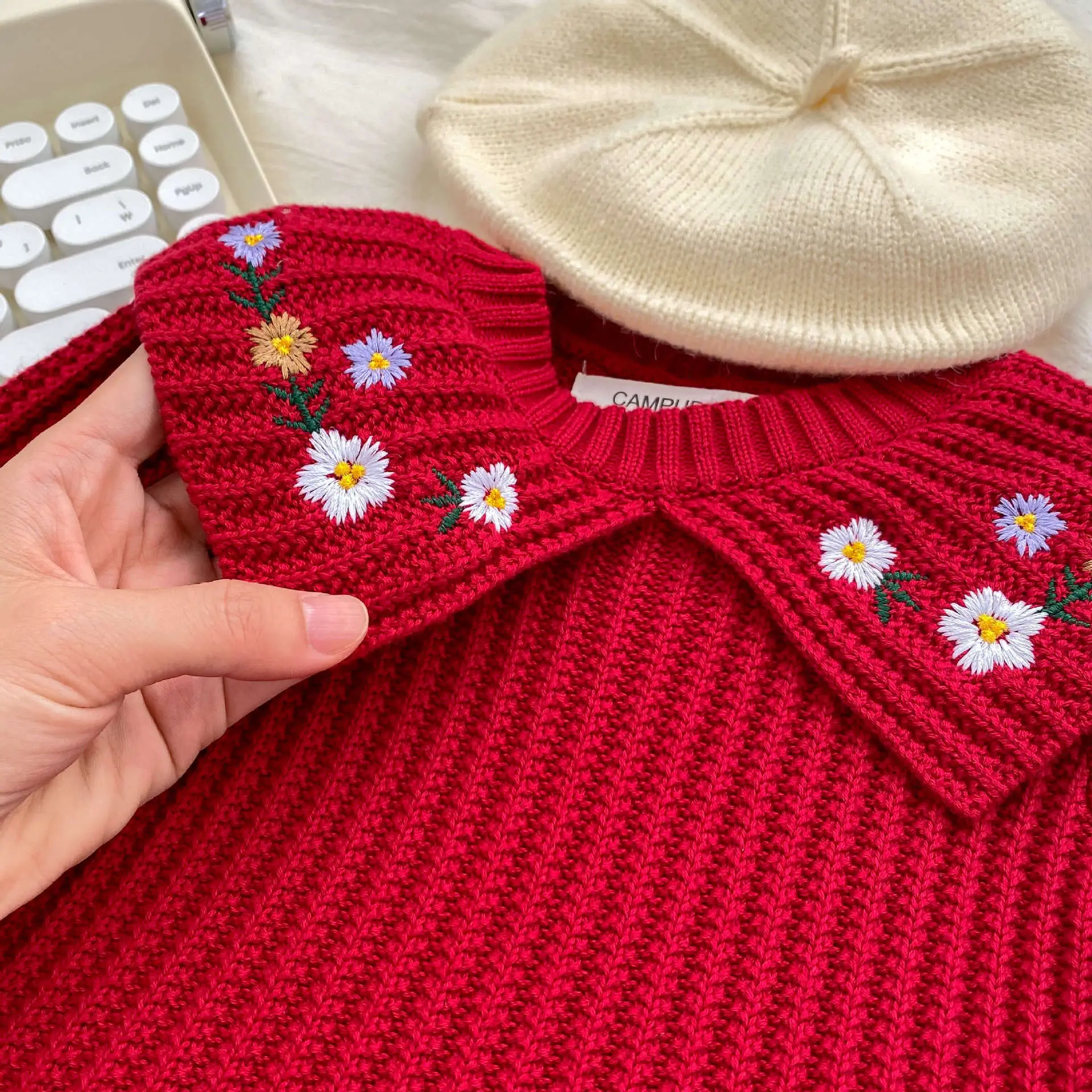 Red Knitted Baby Dress with Embroidered Princess Design — feature 4