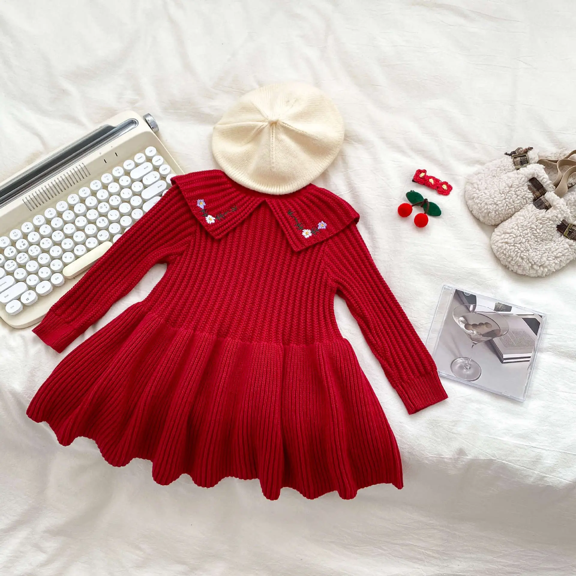 Red Knitted Baby Dress with Embroidered Princess Design — feature 9