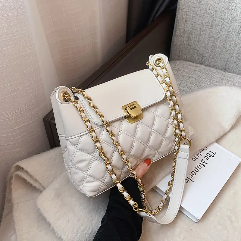 Women's Quilted Crossbody Bag Beige Diamond Embroidery