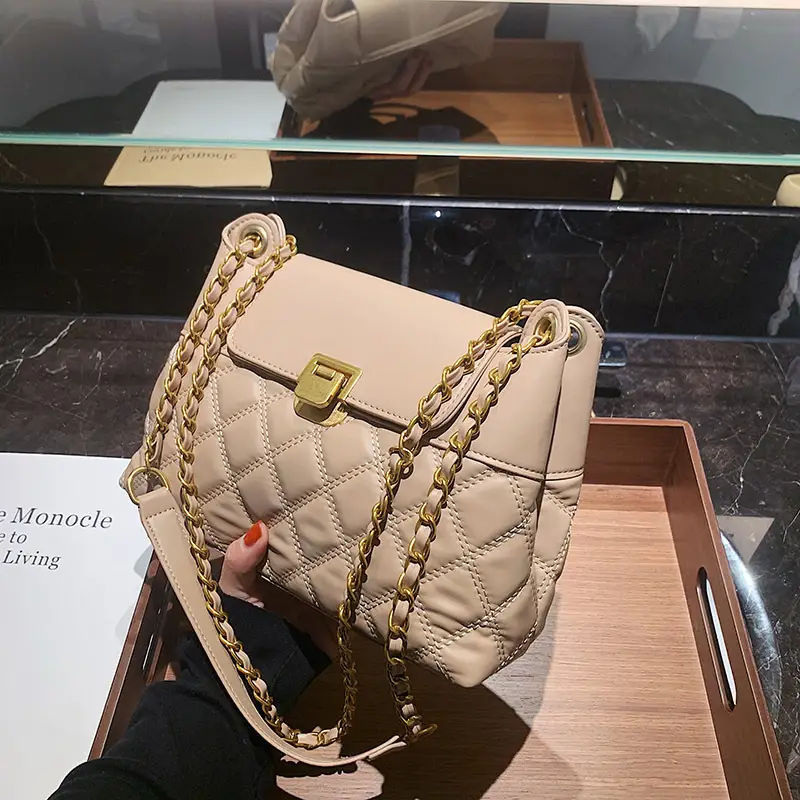 Women's Quilted Crossbody Bag Beige Diamond Embroidery